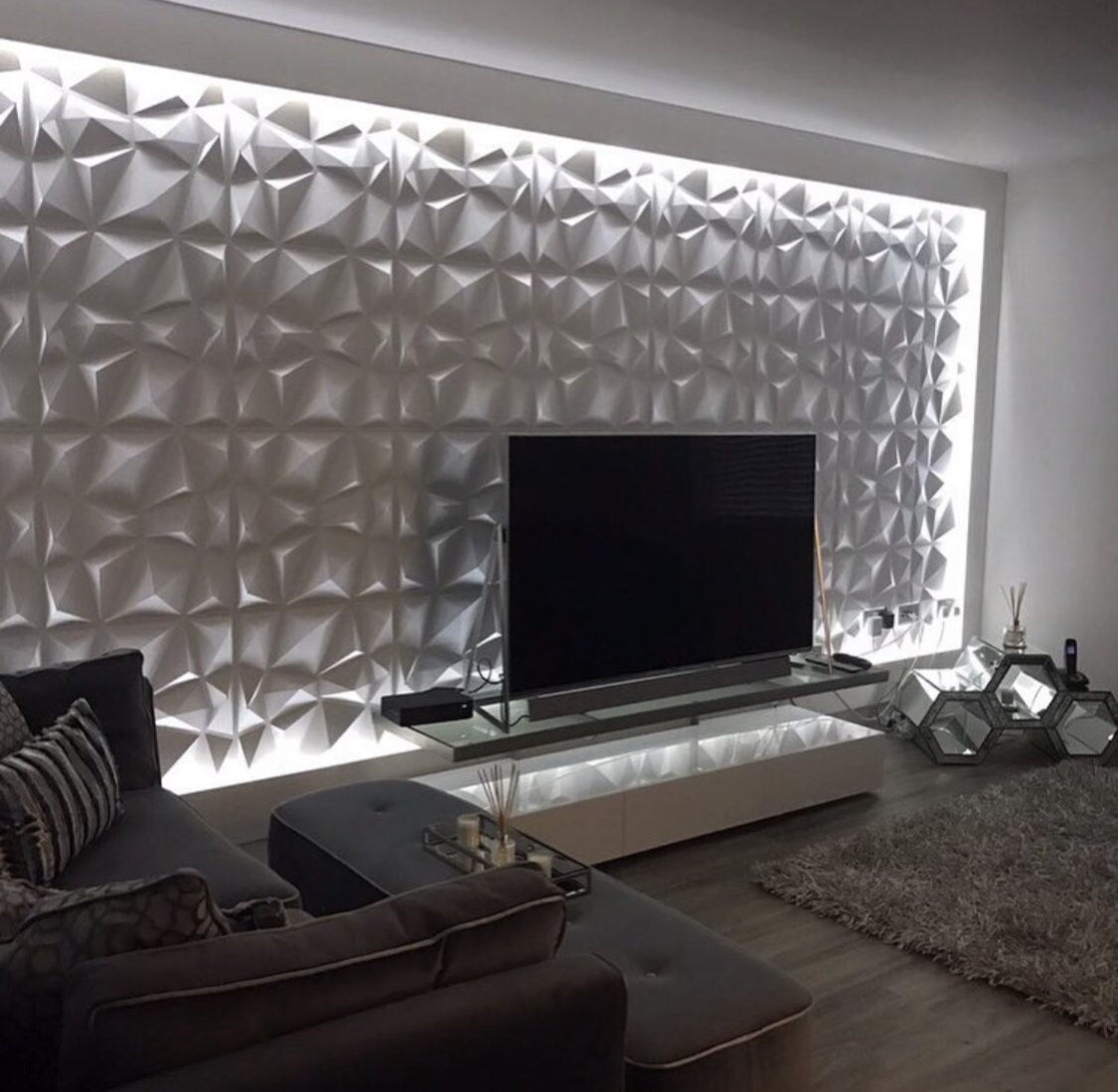 3D panelled media wall with lighting