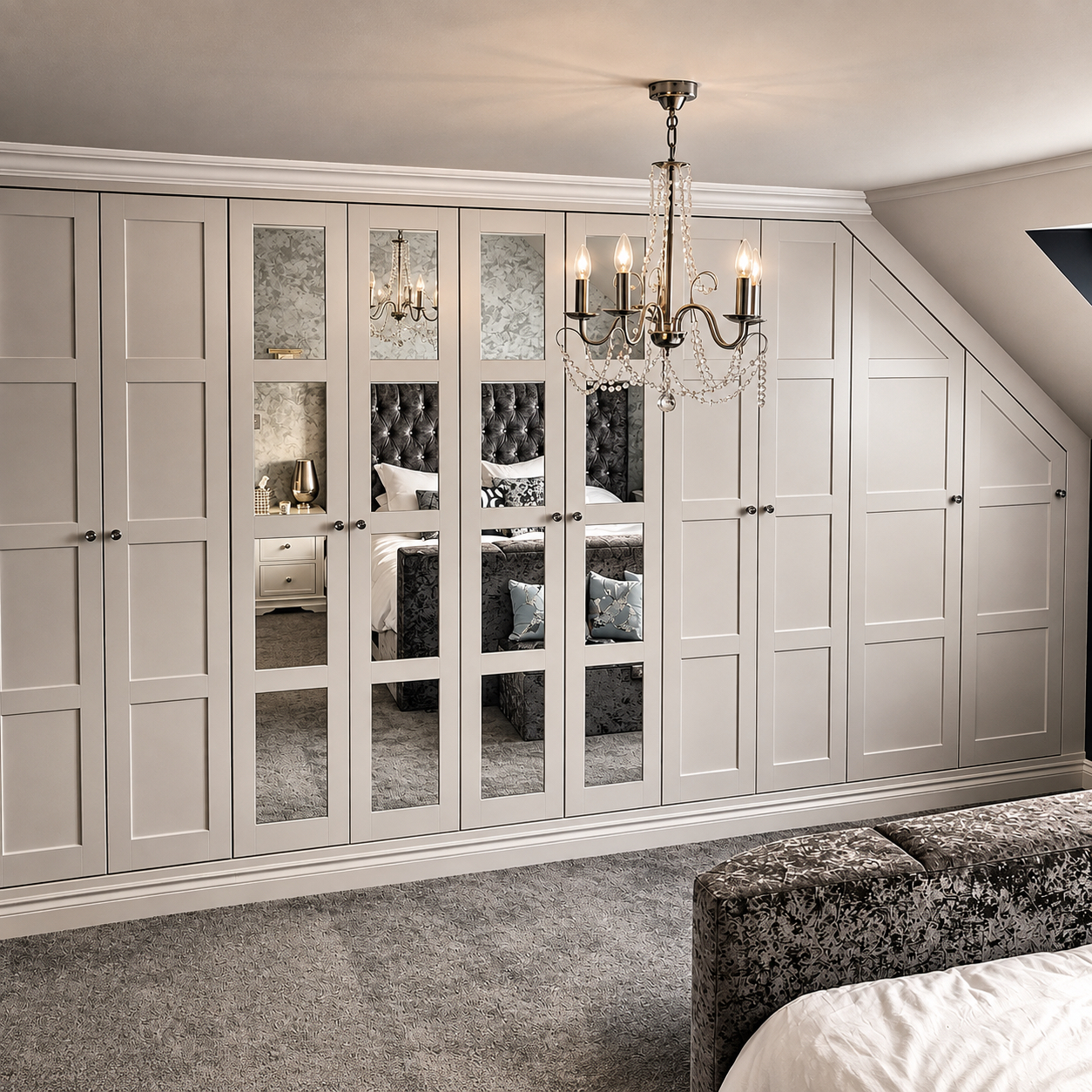 Fitted wardrobe run with mirrored and panelled doors built into a sloped ceiling, made by VIP Walls