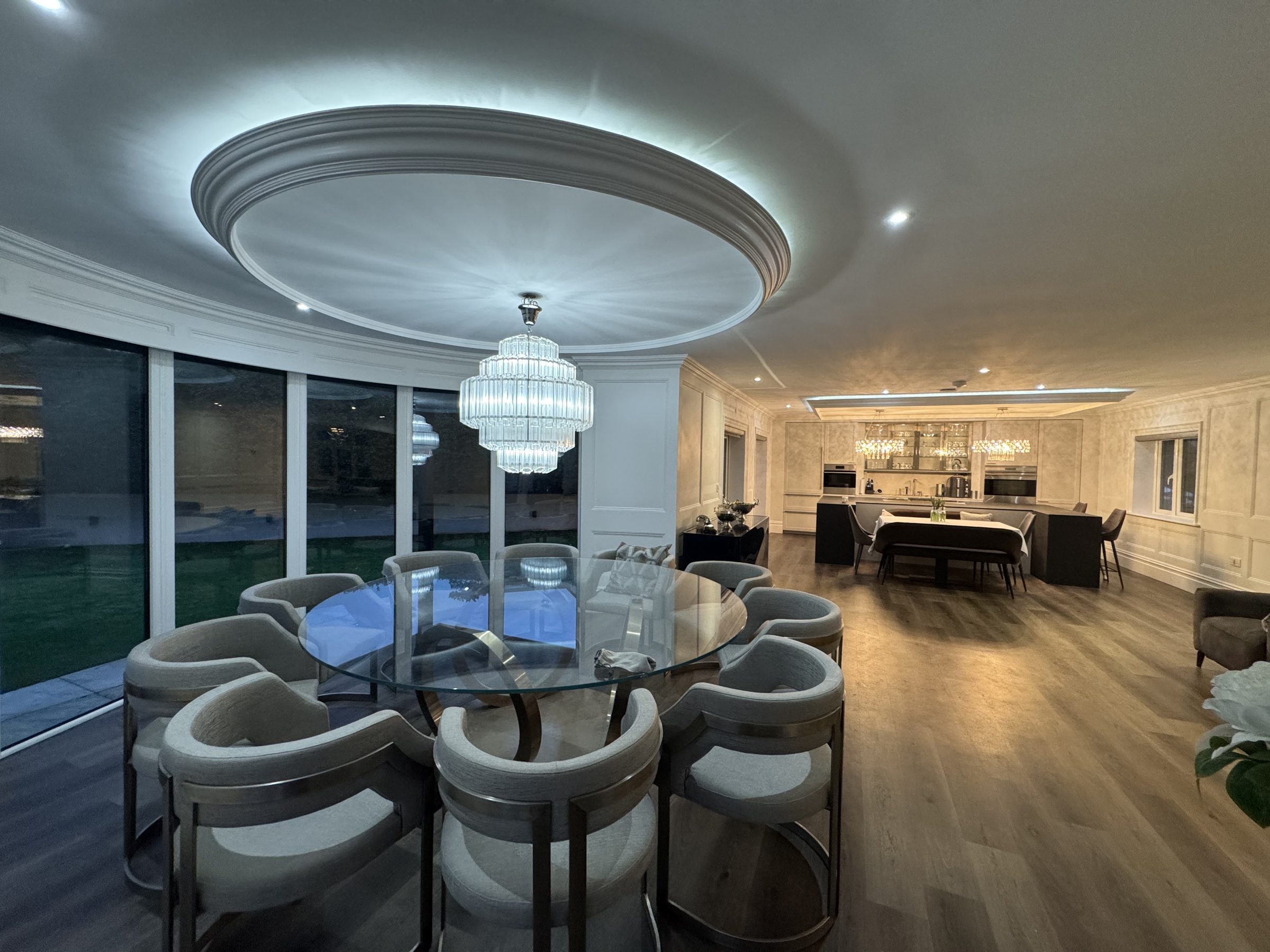 Open plan panelled dining and kitchen space fitted by VIP Walls